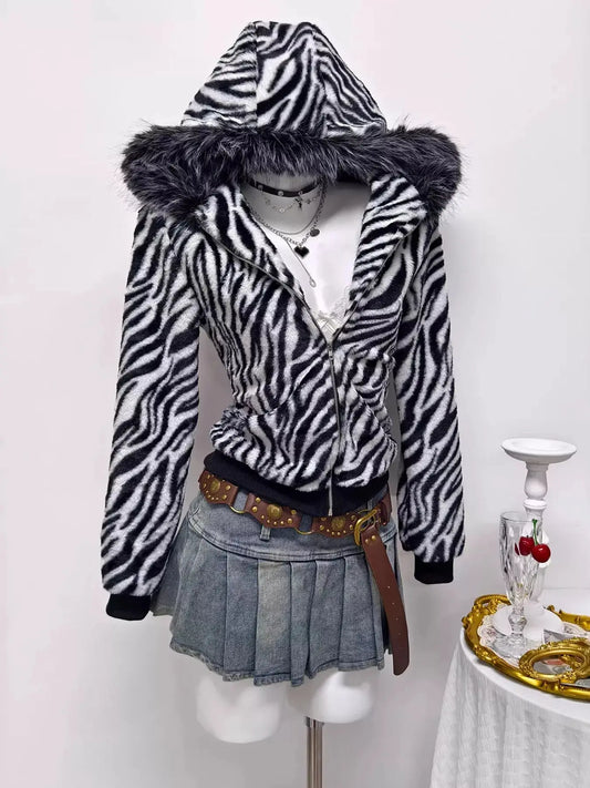 Zebra Faux Fur Hooded Zip-Up Outerwear Simply Love