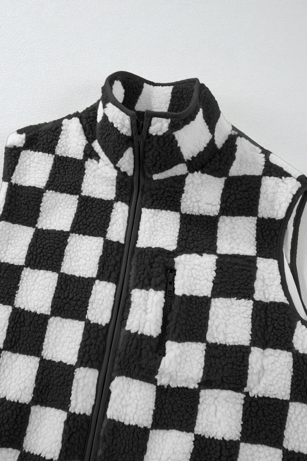 Black Checkered Sherpa Collared Jacket Vest