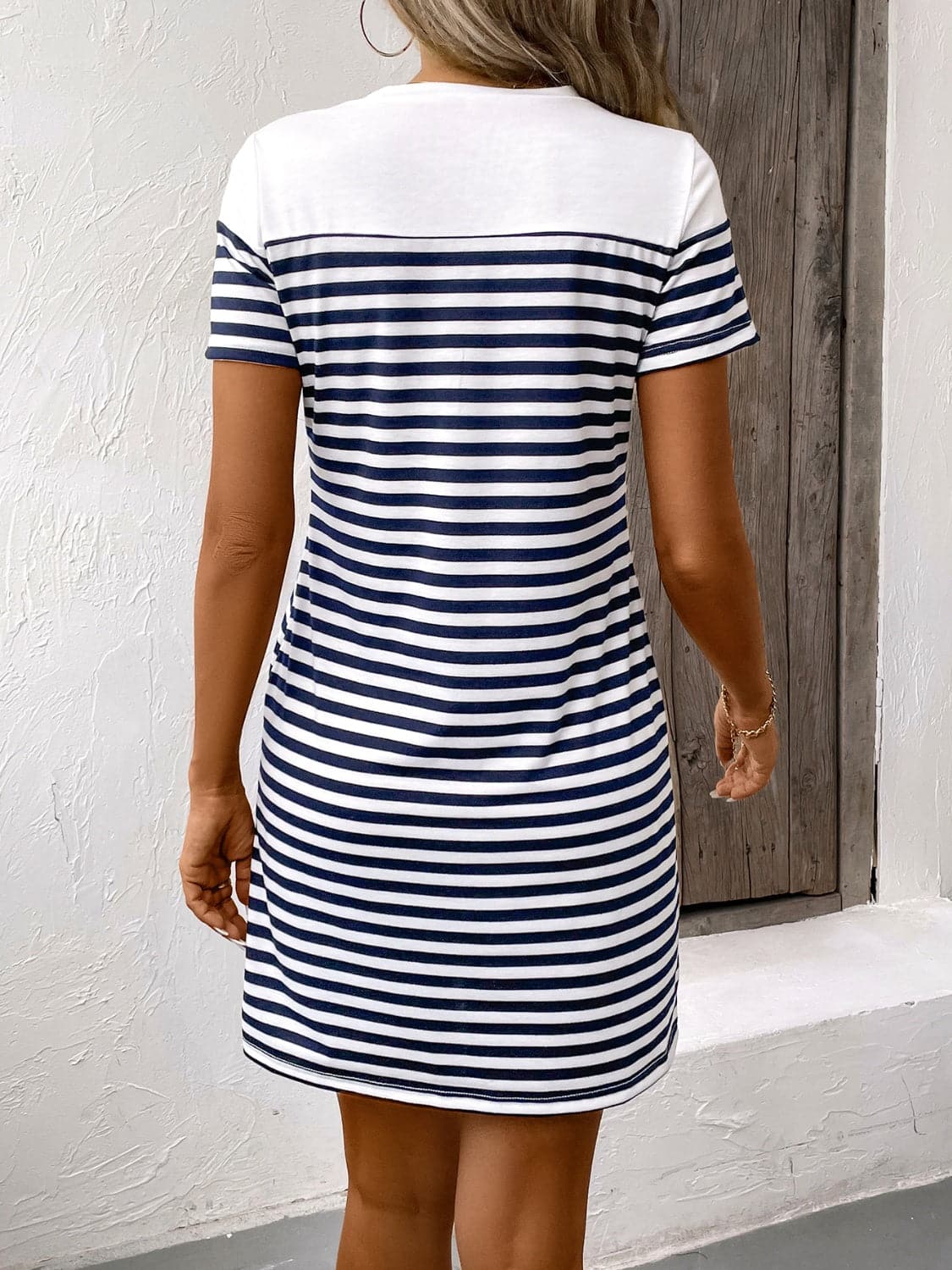 Striped Round Neck Short Sleeve Mini Dress.