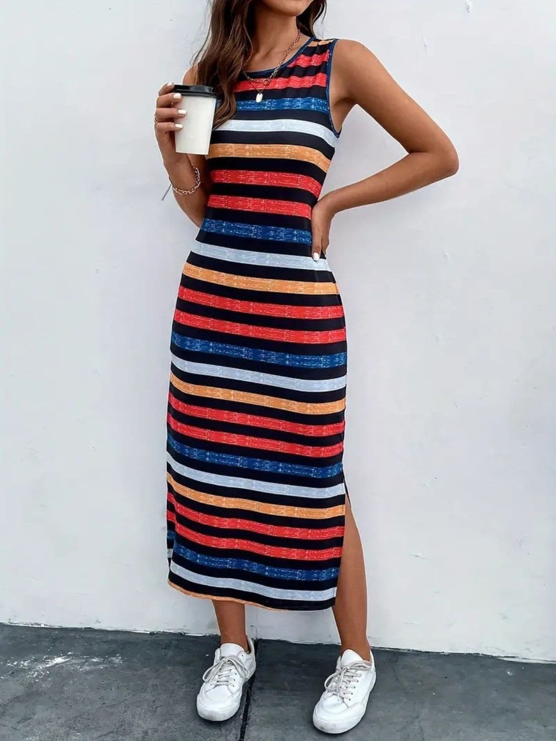 Slit Printed Round Neck Sleeveless Dress.