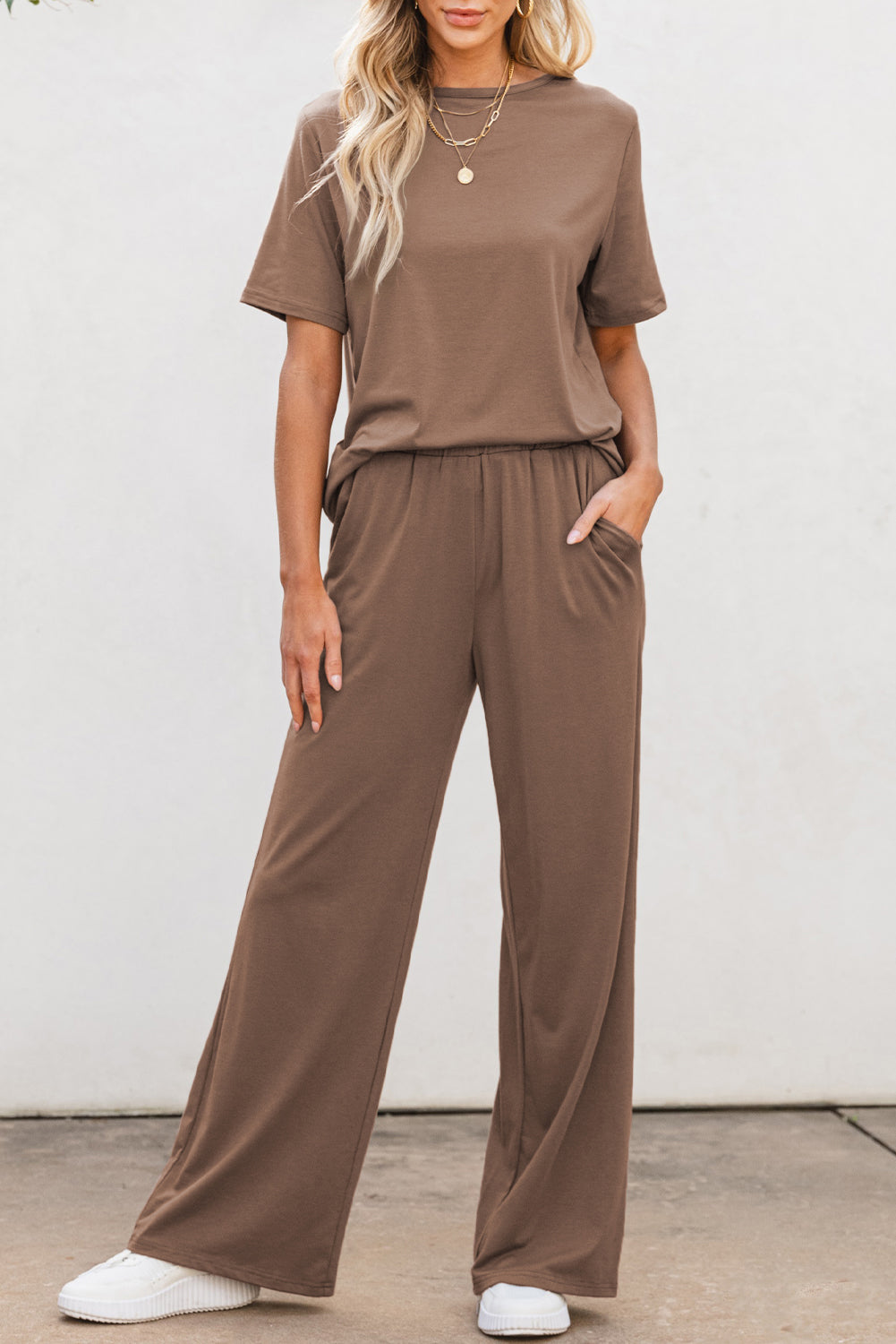 Chic smoke gray two-piece set with wide-leg pants and tee