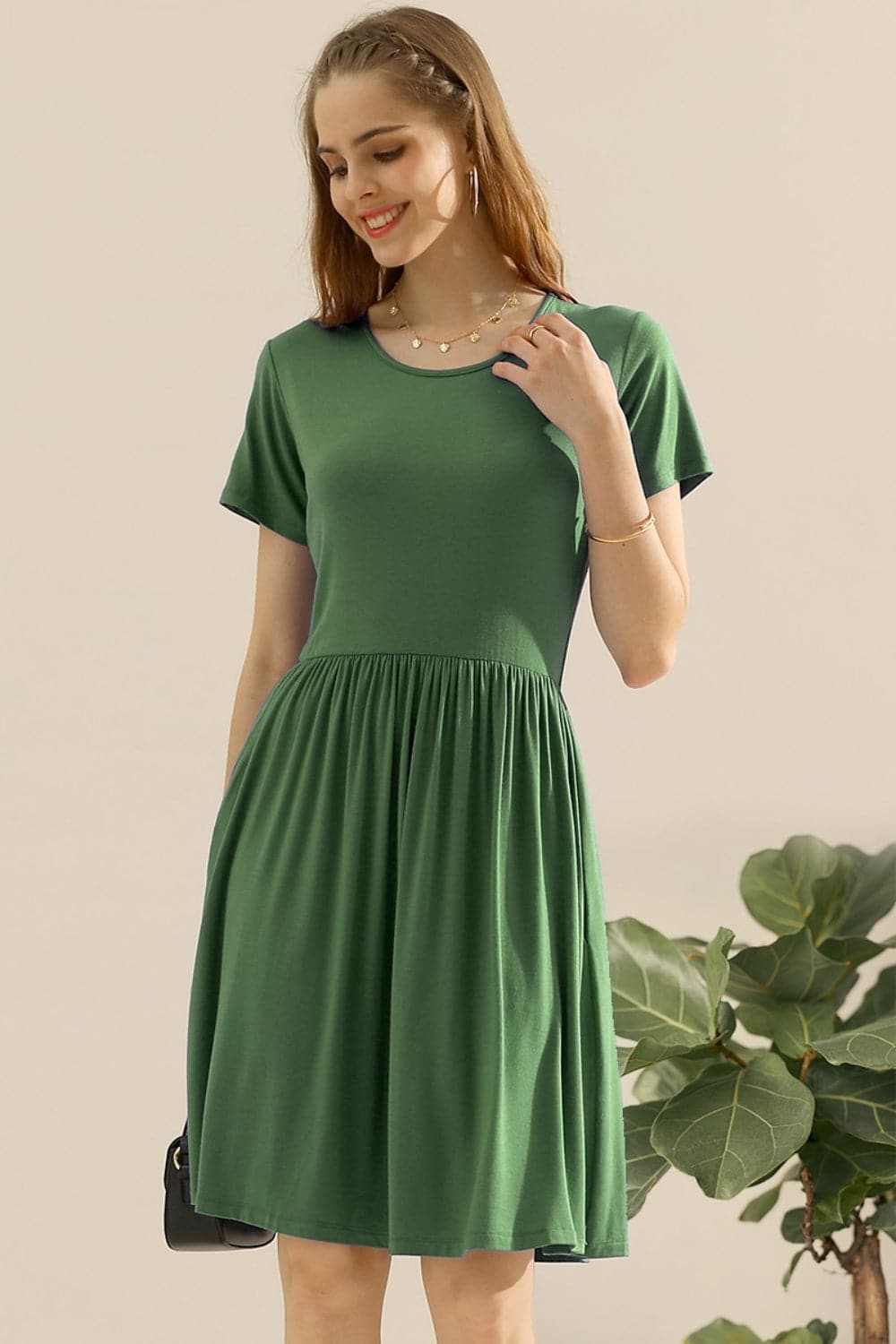 Ninexis Full Size Round Neck Ruched Dress with Pockets.