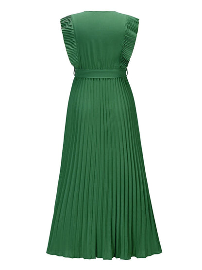 Tied Surplice Cap Sleeve Pleated Dress.