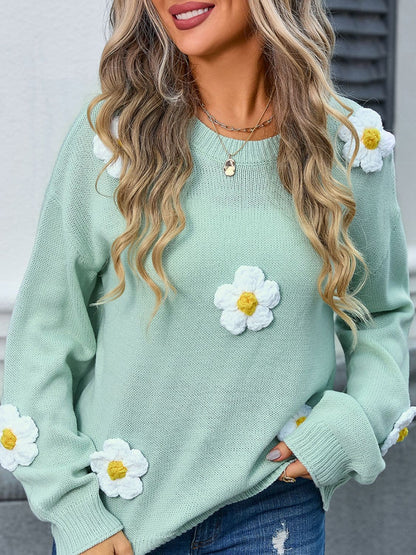 Flower Round Neck Long Sleeve Sweater.