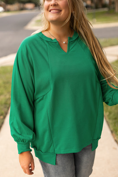 Chic bright green notch neck plus size sweatshirt with exposed seams