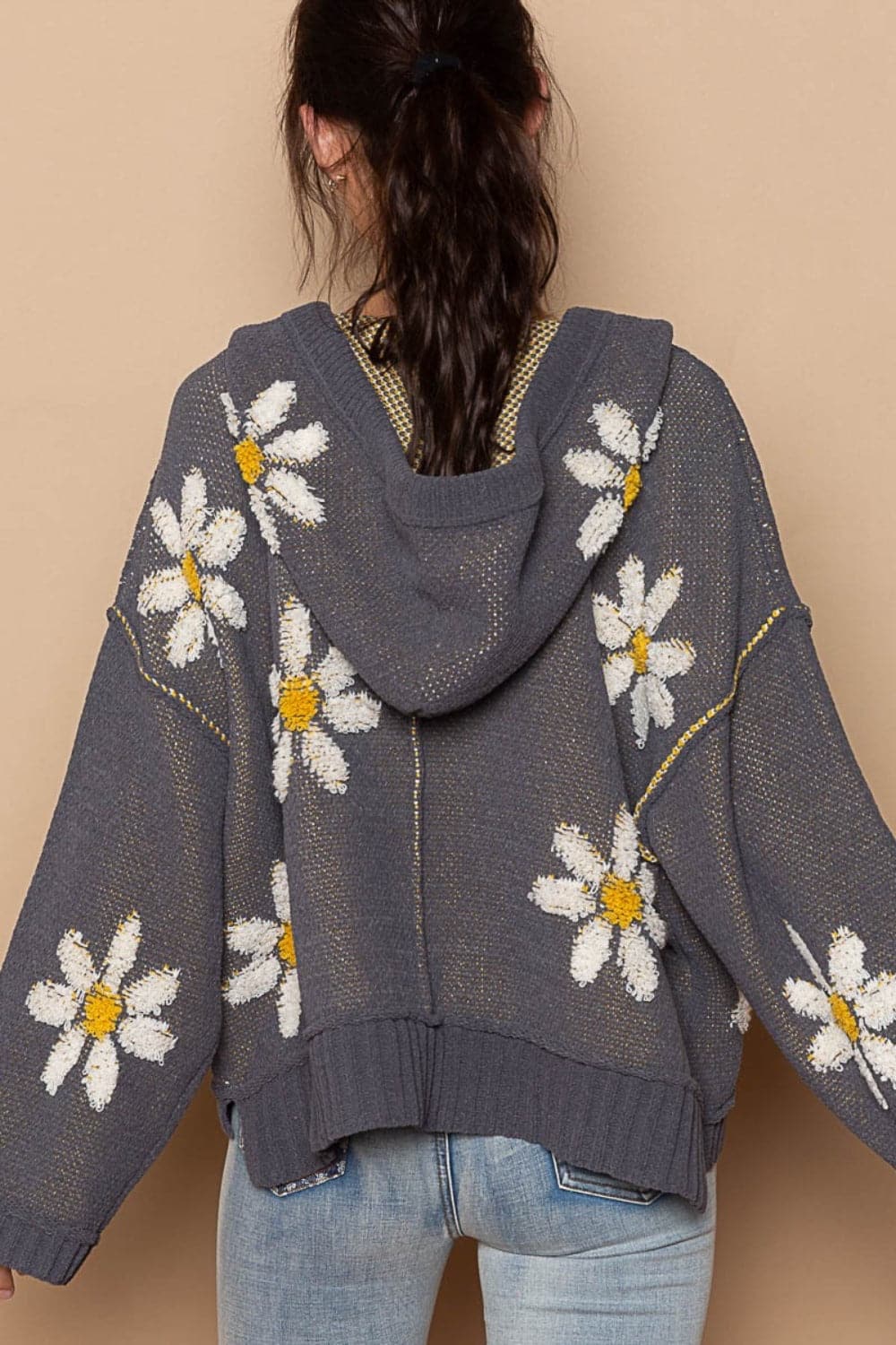 POL Floral Pattern Hooded High-Low Sweater