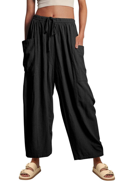 Full Size Pocketed Drawstring Wide Leg Pants.