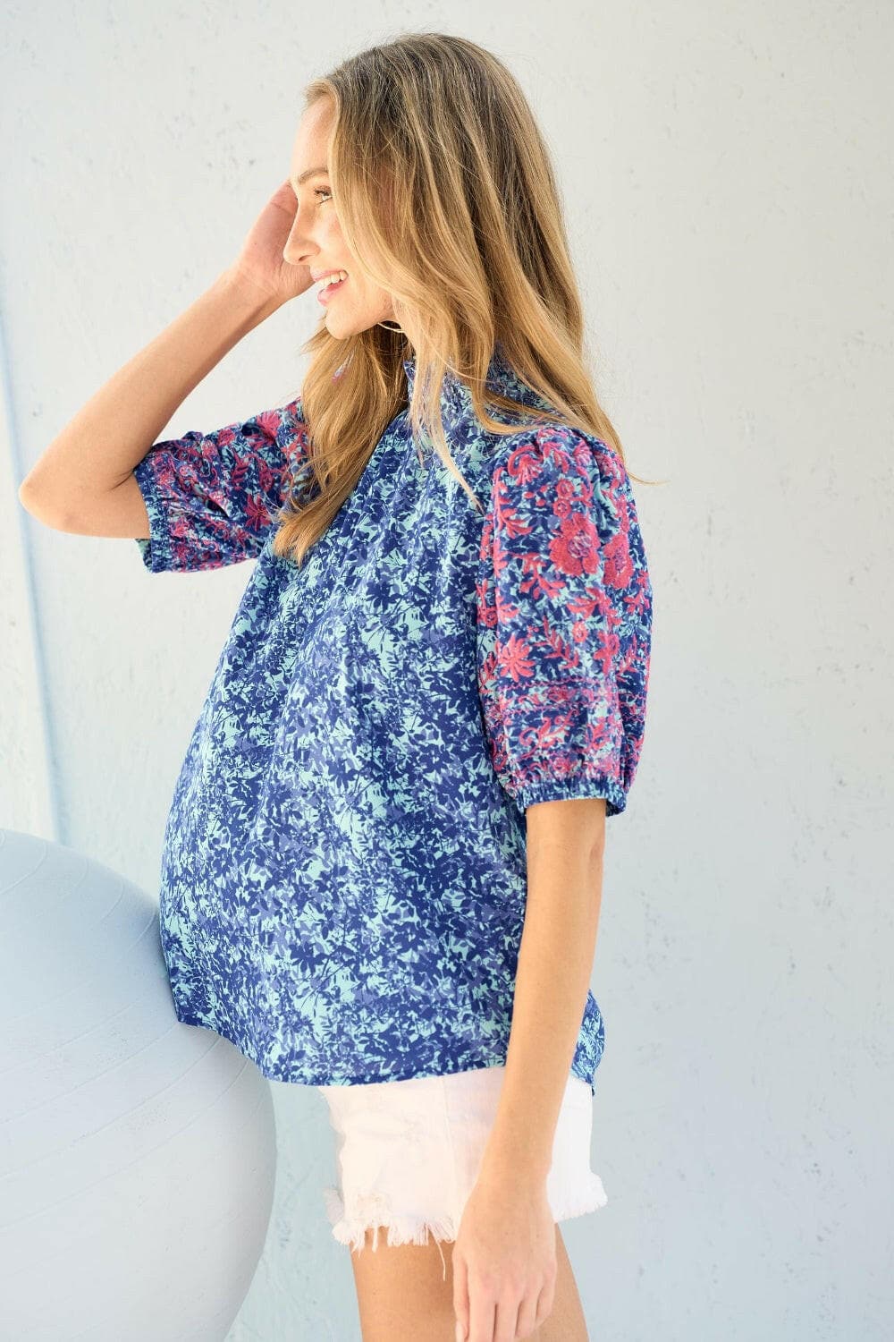 Hailey & Co Embroidered Puff Sleeve Printed Blouse.