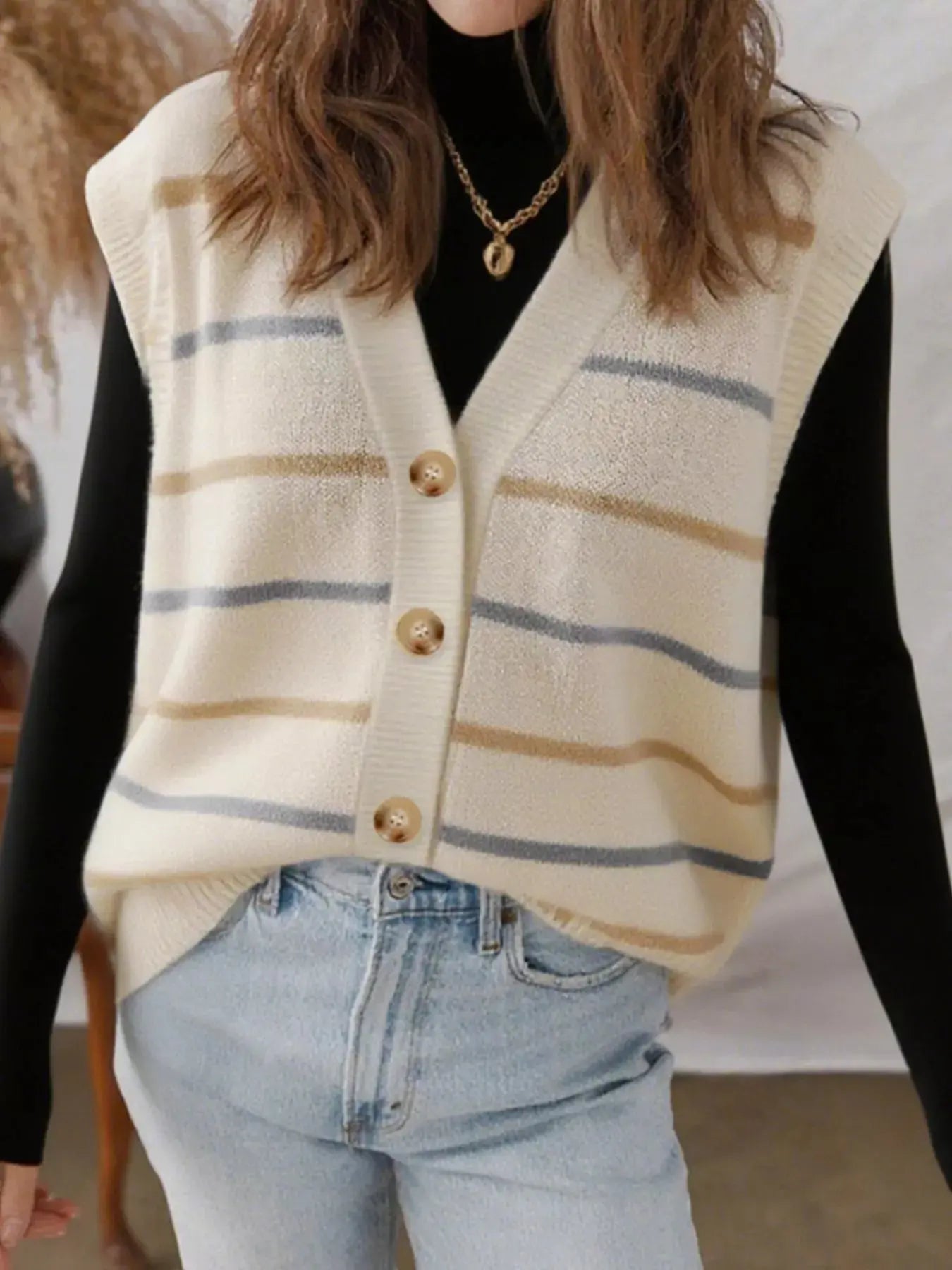 Striped Button-Down Sweater Vest Simply Love