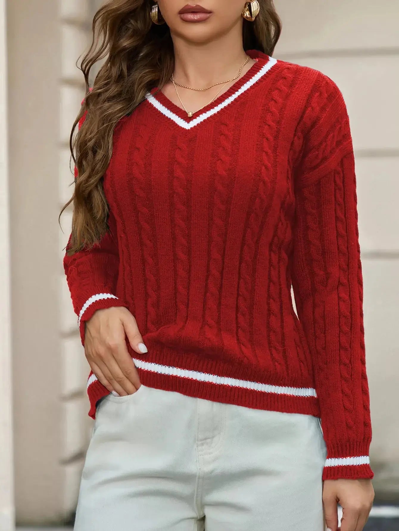 Classic Cable Knit V-Neck Sweater Simply Love