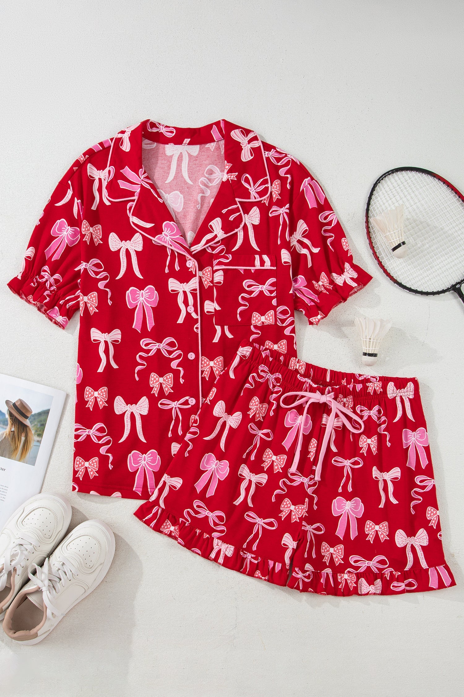 Red Sweet Bow Print Ruffled Short Sleeve Shirt Shorts Two Piece Pajama Set Dear-Lover Dropshipping