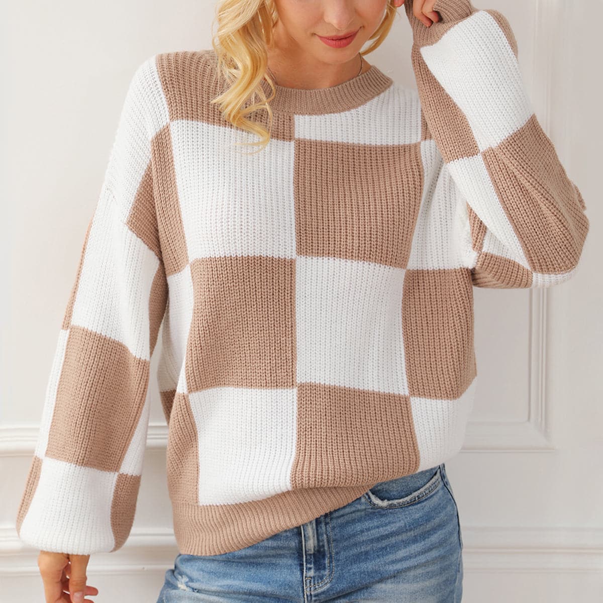 Checkered Round Neck Drop Shoulder Long Sleeve Sweater.