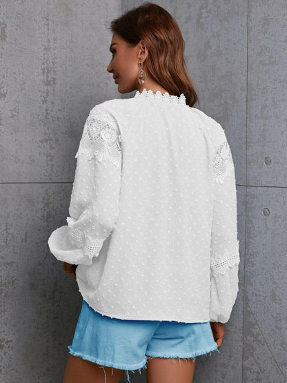 Crochet Tassel Tie Neck Long Sleeve Blouse.