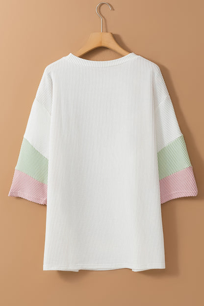 Chic white textured colorblock patchwork t-shirt for plus sizes