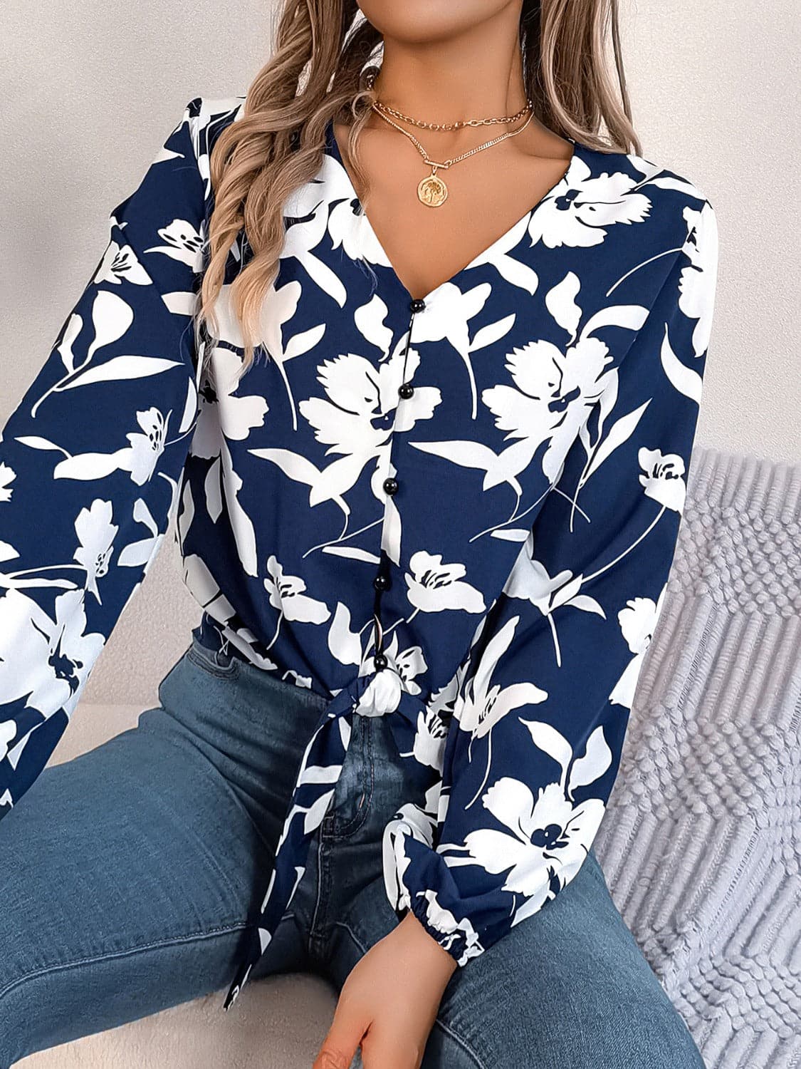 Printed V-Neck Long Sleeve Blouse.