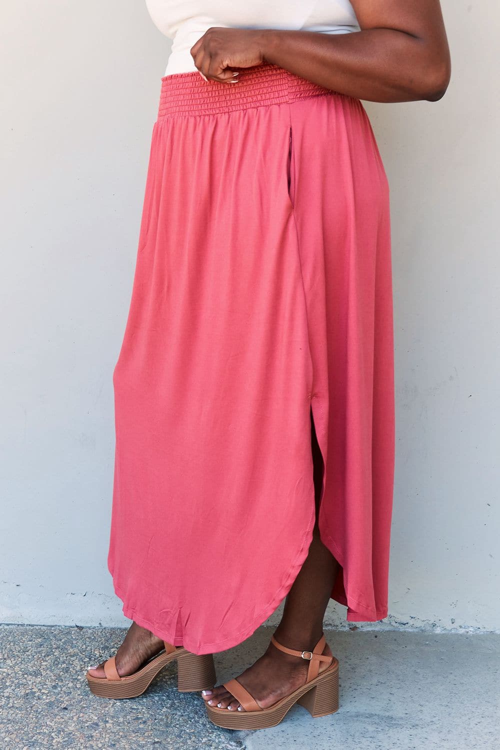 Doublju Comfort Princess Full Size High Waist Scoop Hem Maxi Skirt in Hot Pink.