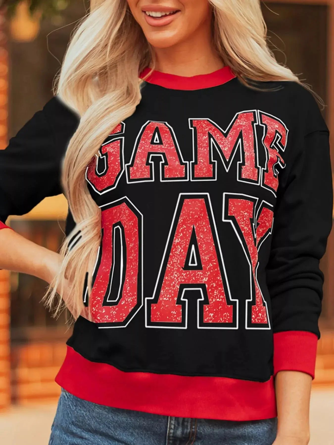 Game Day Graphic Varsity Baggy Long Sleeve Sweatshirt With Red Trim Simply Love