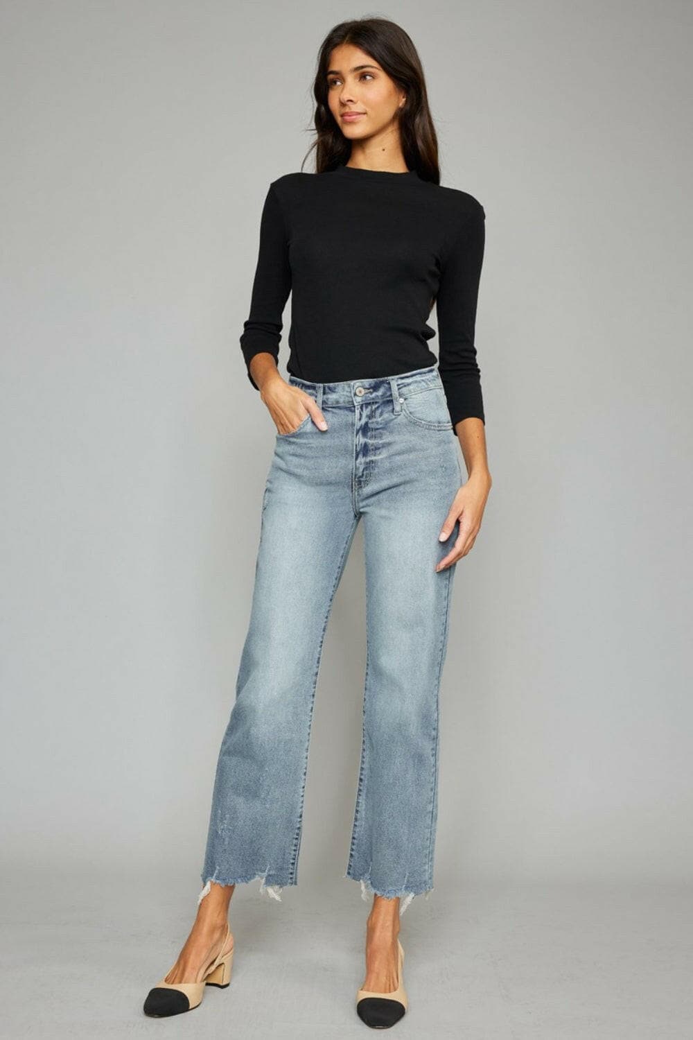 Kancan High Waist Raw Hem Cropped Wide Leg Jeans.