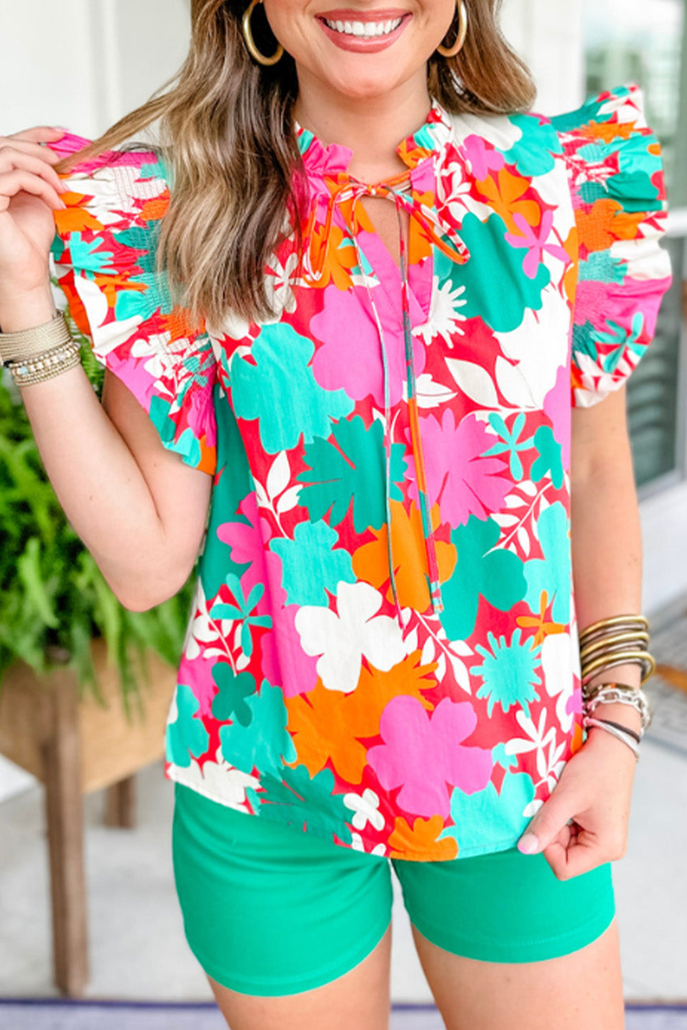 Charming green floral ruffle blouse