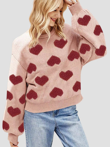 Heart Round Neck Dropped Shoulder Sweater.