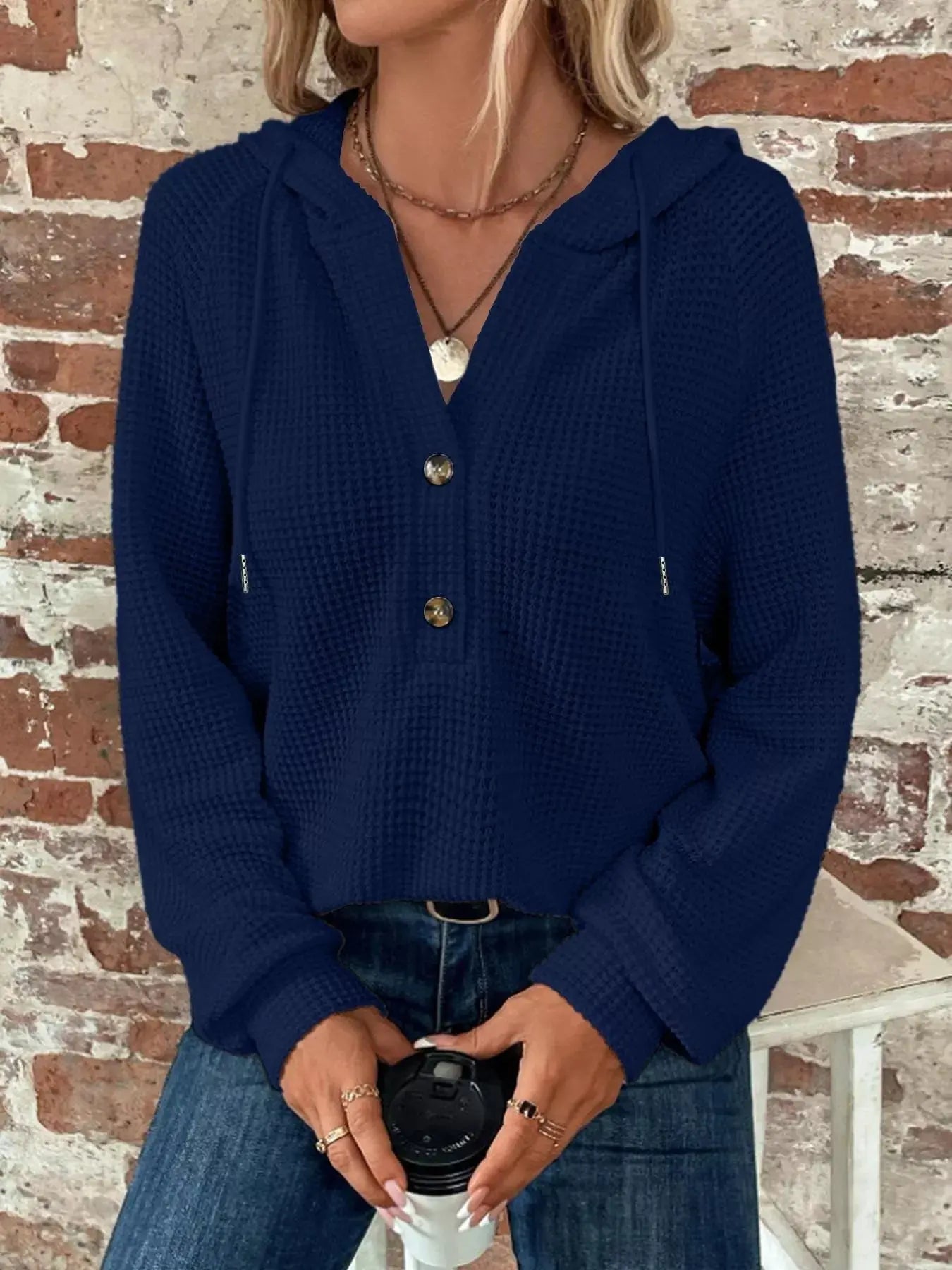 Waffle Knit Button Detail Hoodie Simply Love