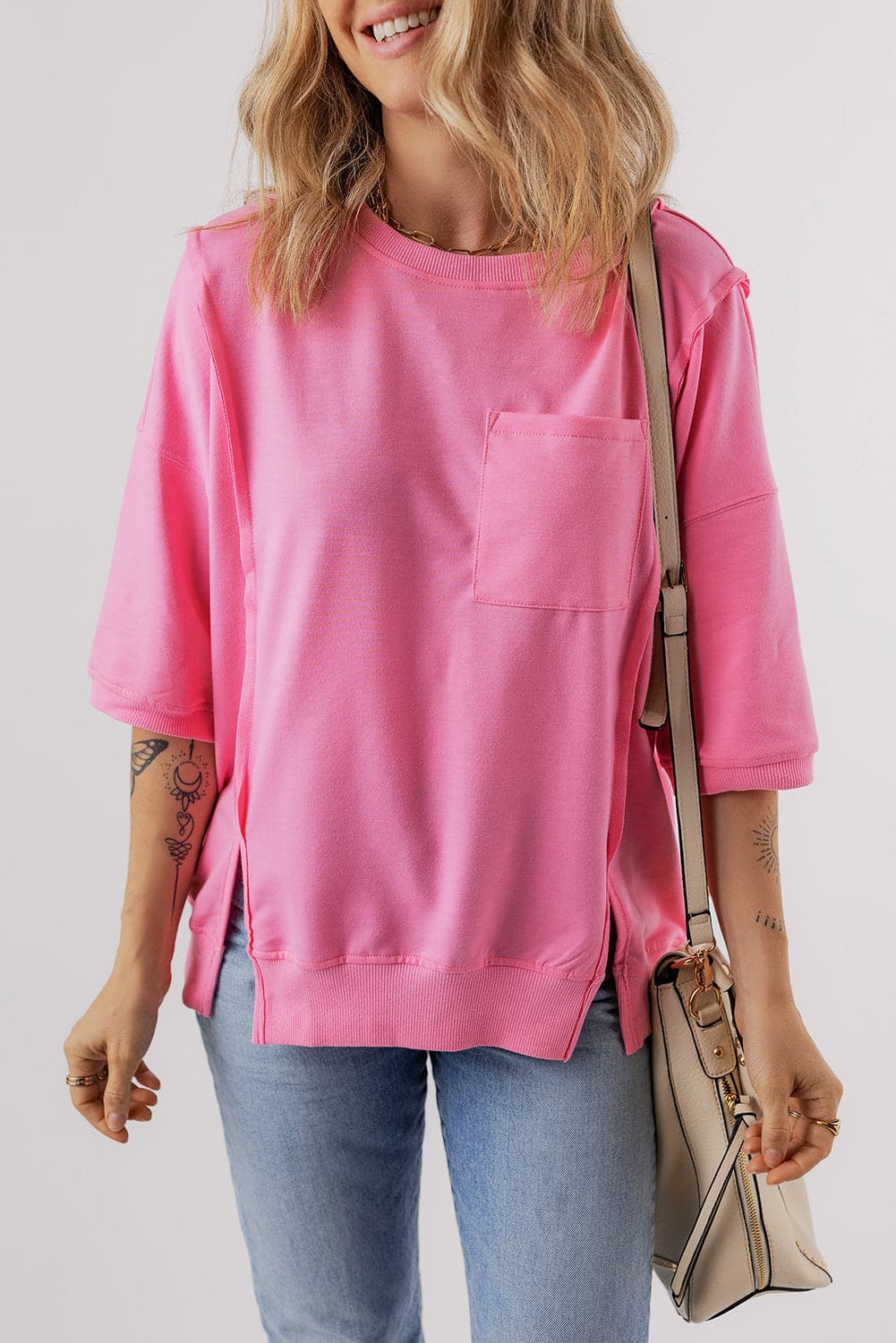 Round Neck Half Sleeve Slit T-Shirt.