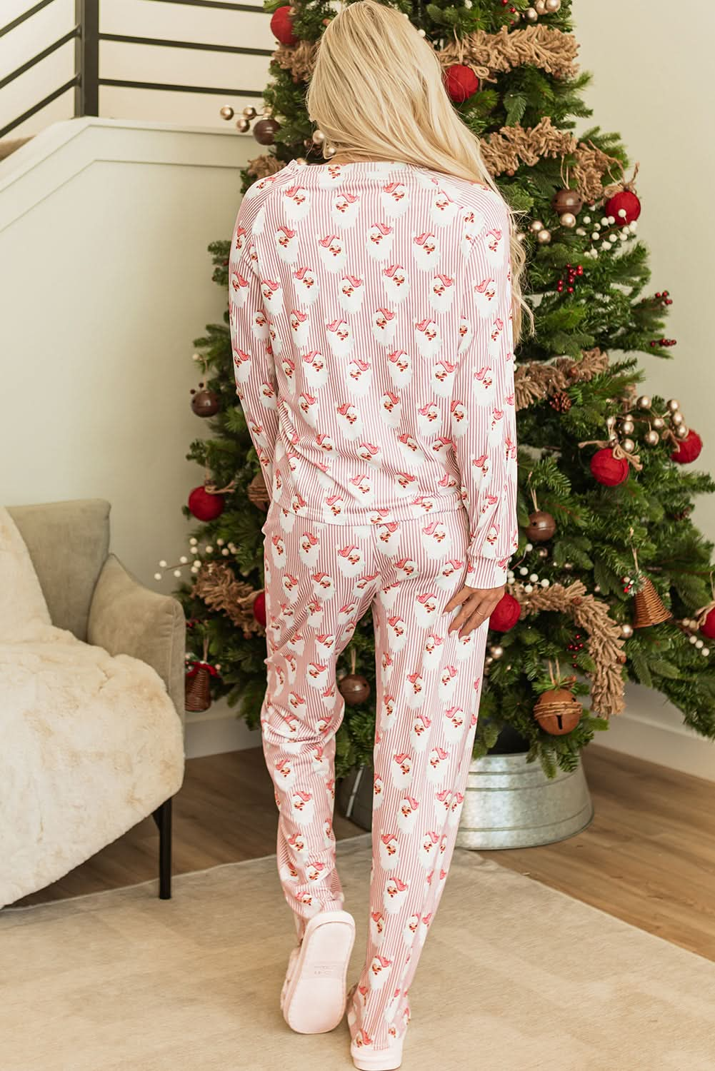 Festive Santa Patterned Long Sleeve Lounge Set with Pants