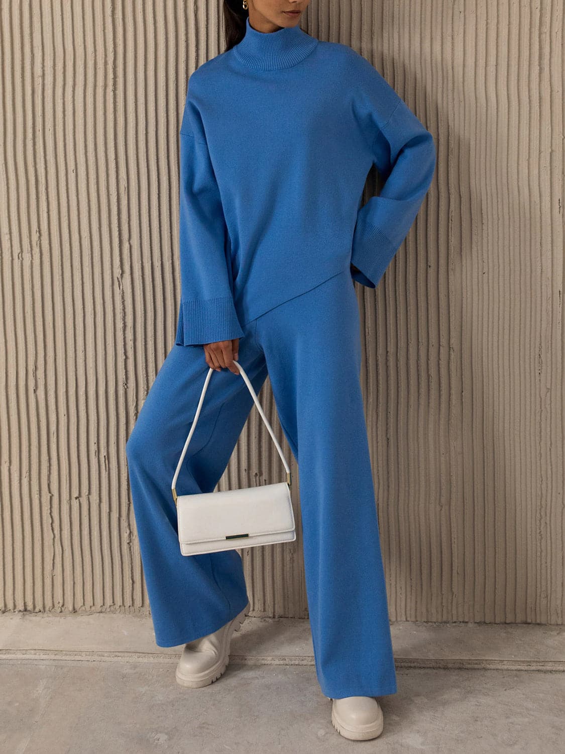 Asymmetrical Hem Knit Top and Pants Set.