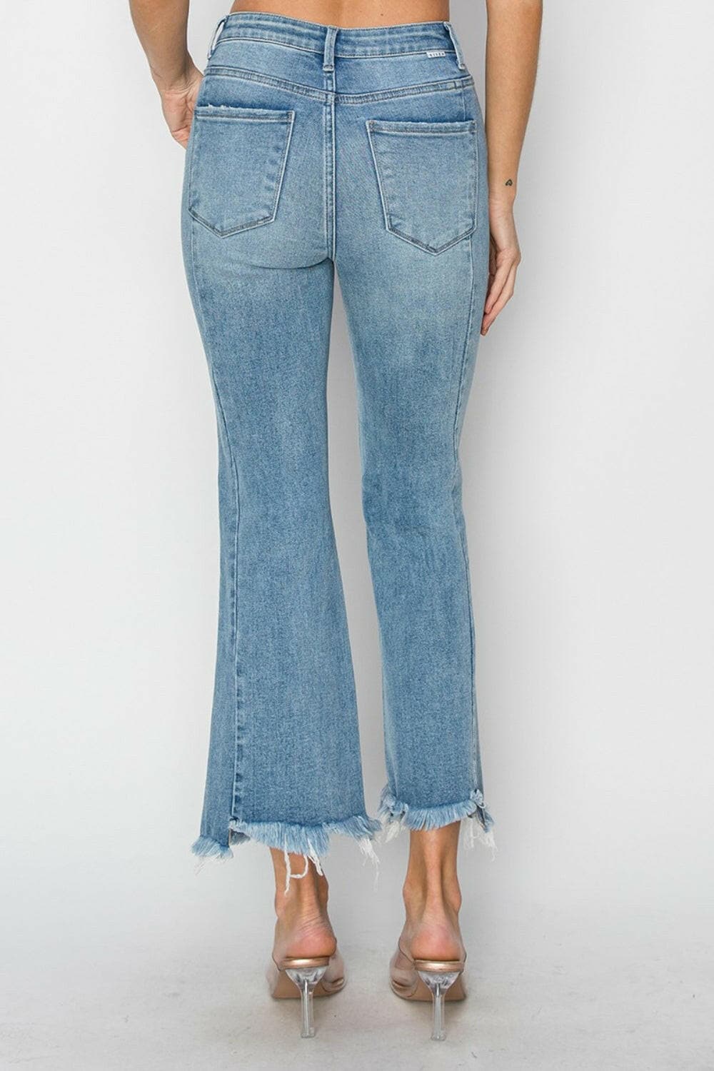 RISEN Full Size High Rise Frayed Hem Flare Jeans.