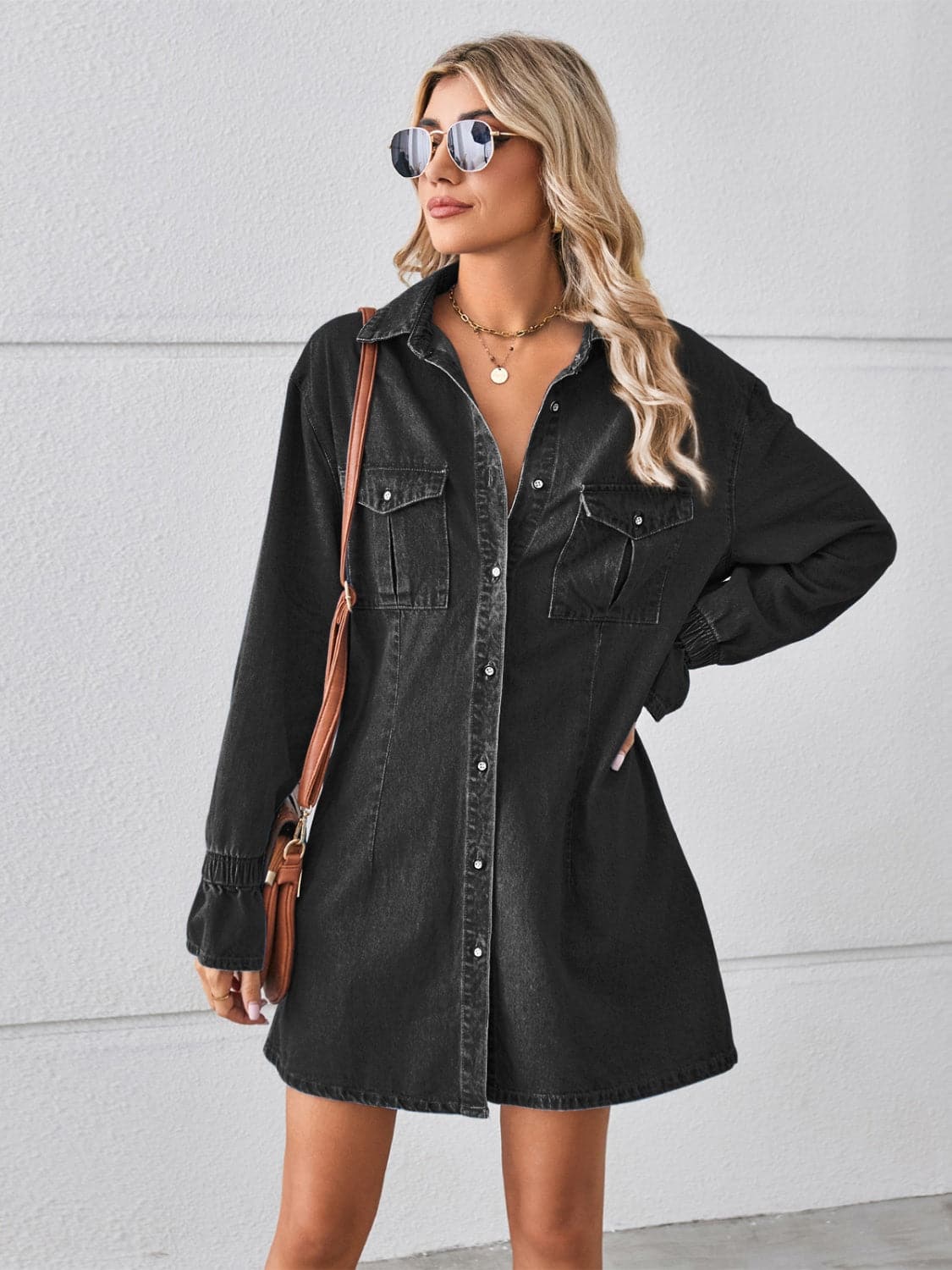 Pocketed Dropped Shoulder Mini Denim Dress.