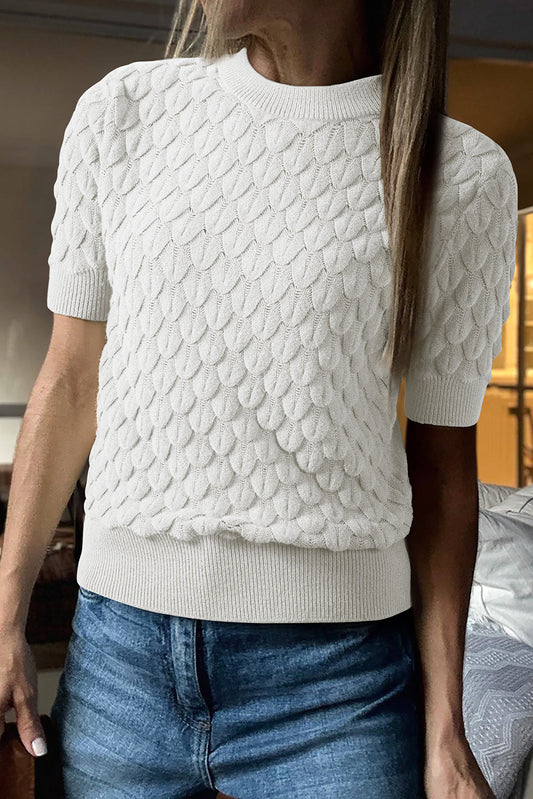 White Fish Scale Knit Ribbed High Neck Short Sleeve Sweater Dear-Lover Dropshipping