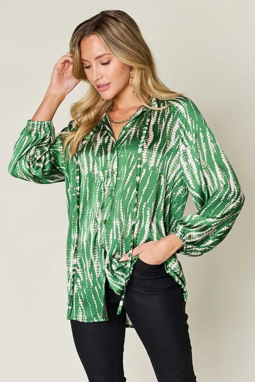 Double Take Full Size Printed Button Up Long Sleeve Shirt - Love Salve
