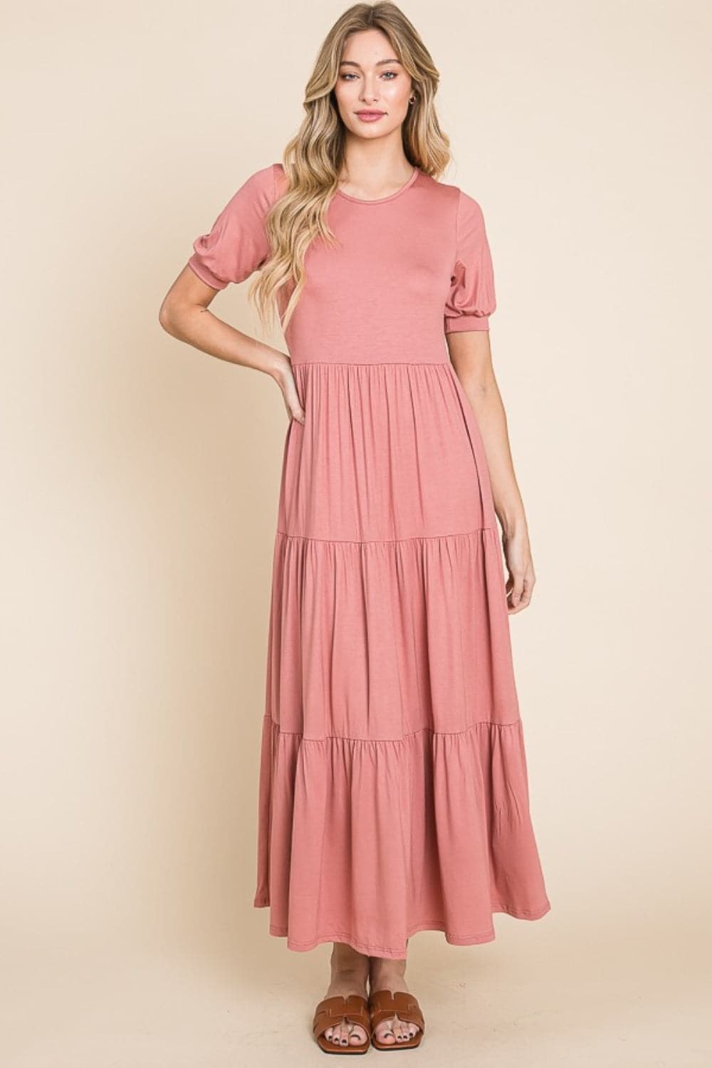 BOMBOM Short Sleeve Tiered Maxi Dress.