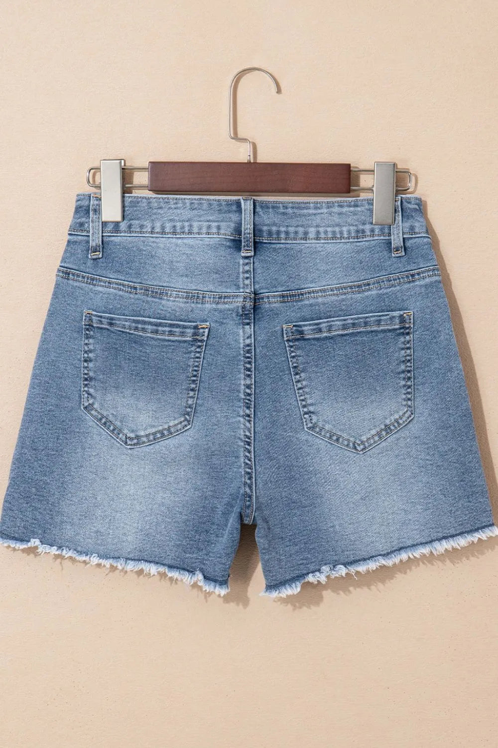 Pearl Beaded Raw Hem Wash Denim Shorts