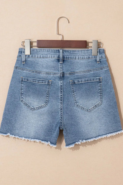 Pearl Beaded Raw Hem Wash Denim Shorts