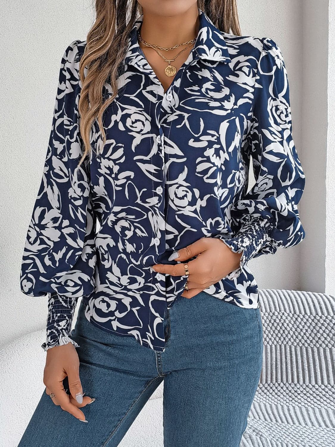 Printed Collared Neck Lantern Sleeve Shirt.