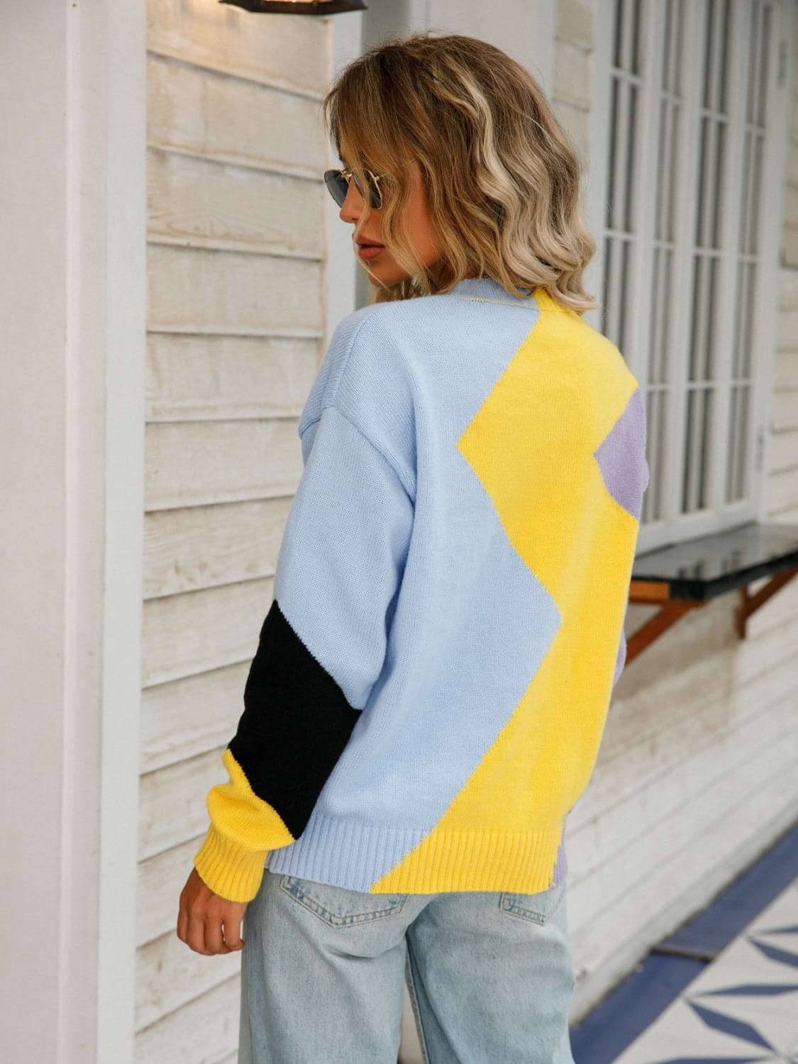 Color Block Round Neck Dropped Shoulder Sweater.