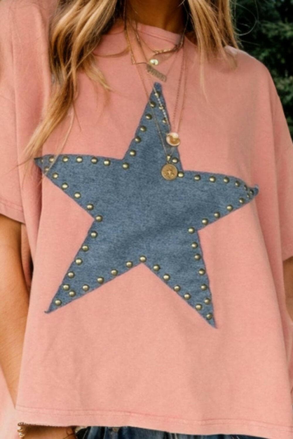 Studded Star Round Neck Short Sleeve T-Shirt.