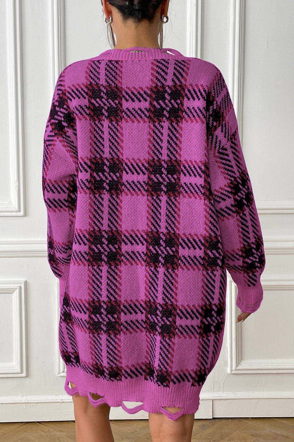 Plaid V-Neck Long Sleeve Sweater Dress.