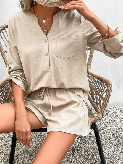 Notched Long Sleeve Top and Shorts Set.