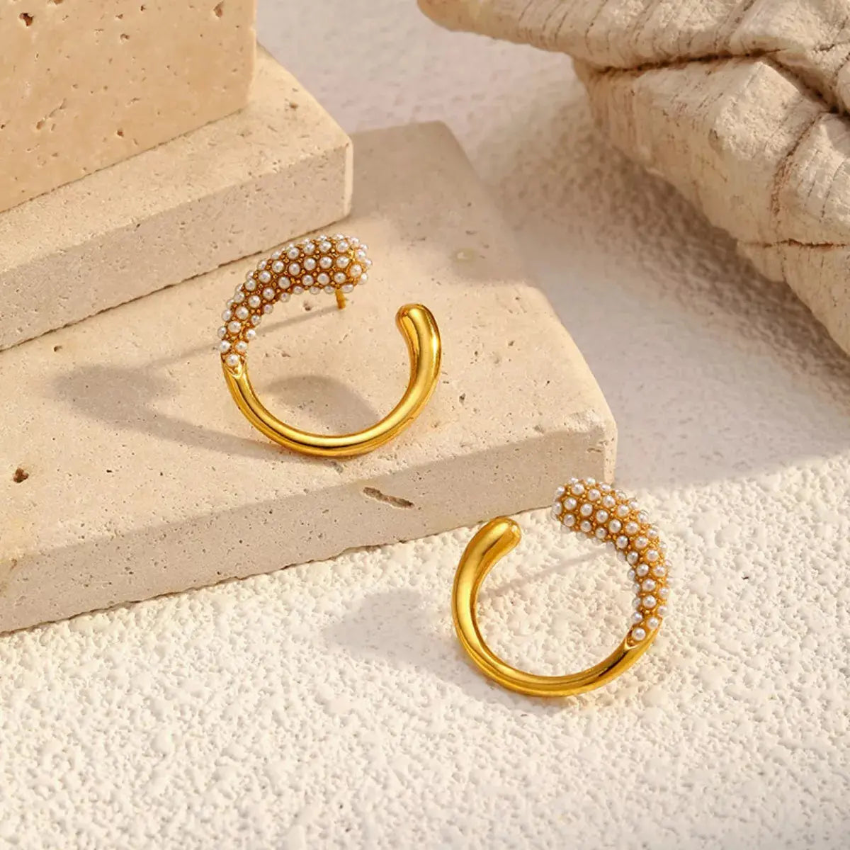 Gold Plated Synthetic Pearl Accented C Hoop Earrings Stainless Steel Simply Love