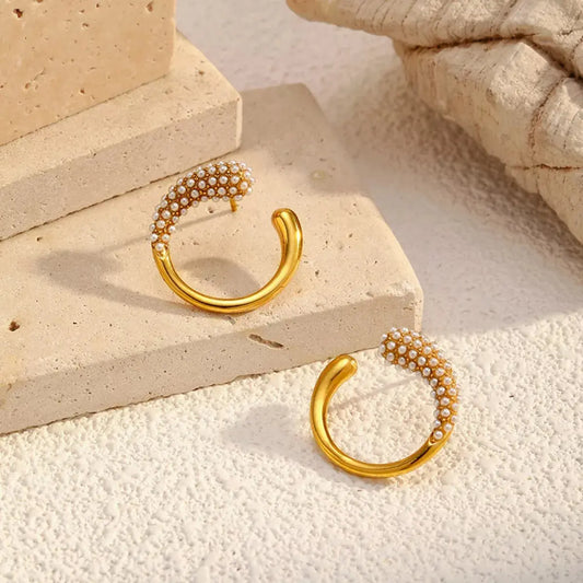 Gold Plated Synthetic Pearl Accented C Hoop Earrings Stainless Steel Simply Love