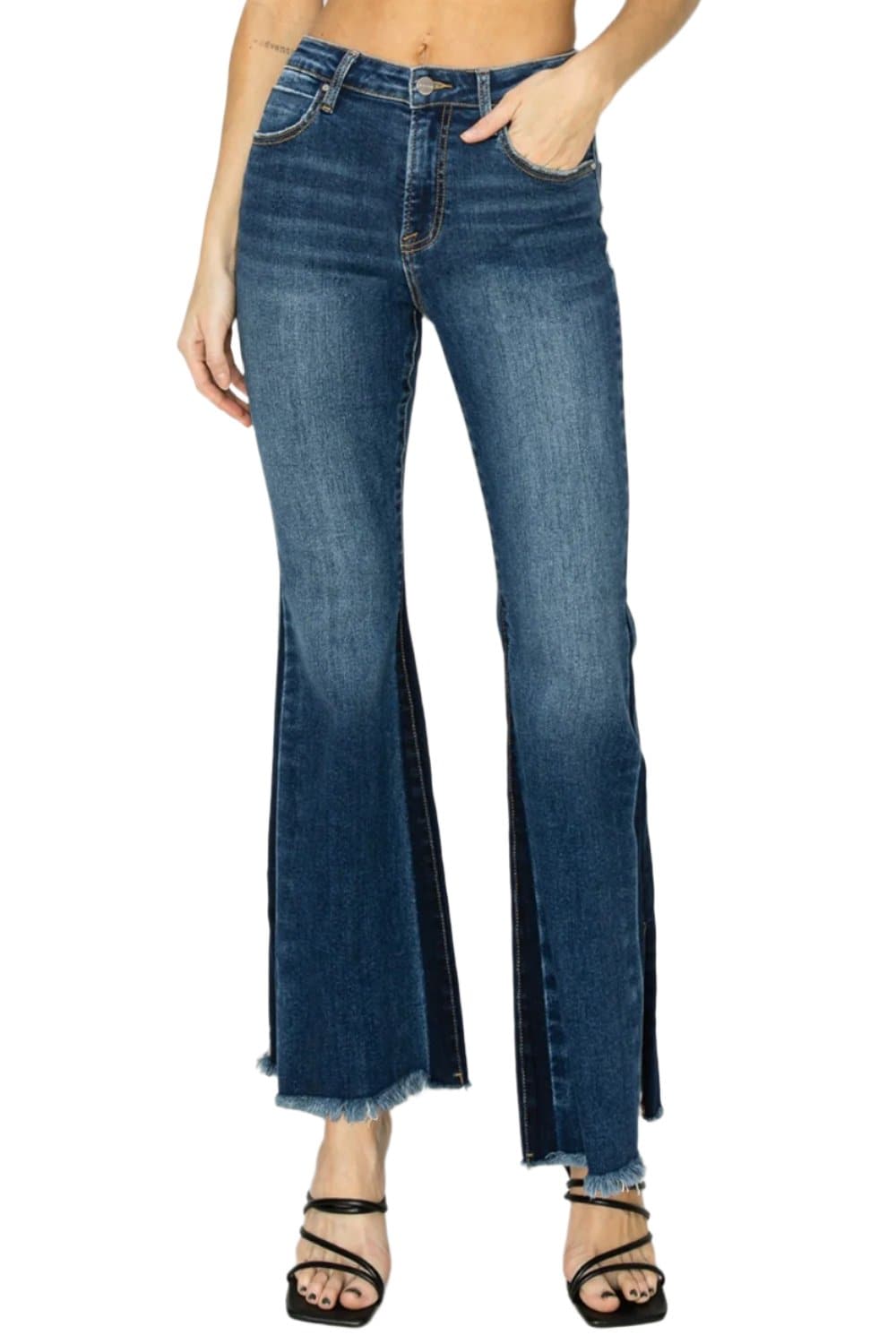 RISEN Full Size High Rise Side Shadow Seam Detail Slit Flare Jeans