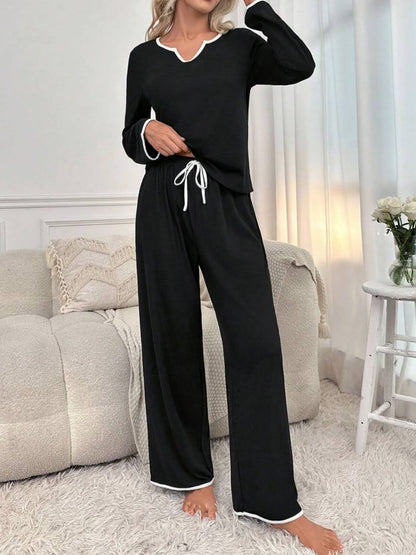 Notched Collar Long Sleeve Lounge Set with Contrast Trim and Drawstring Pants