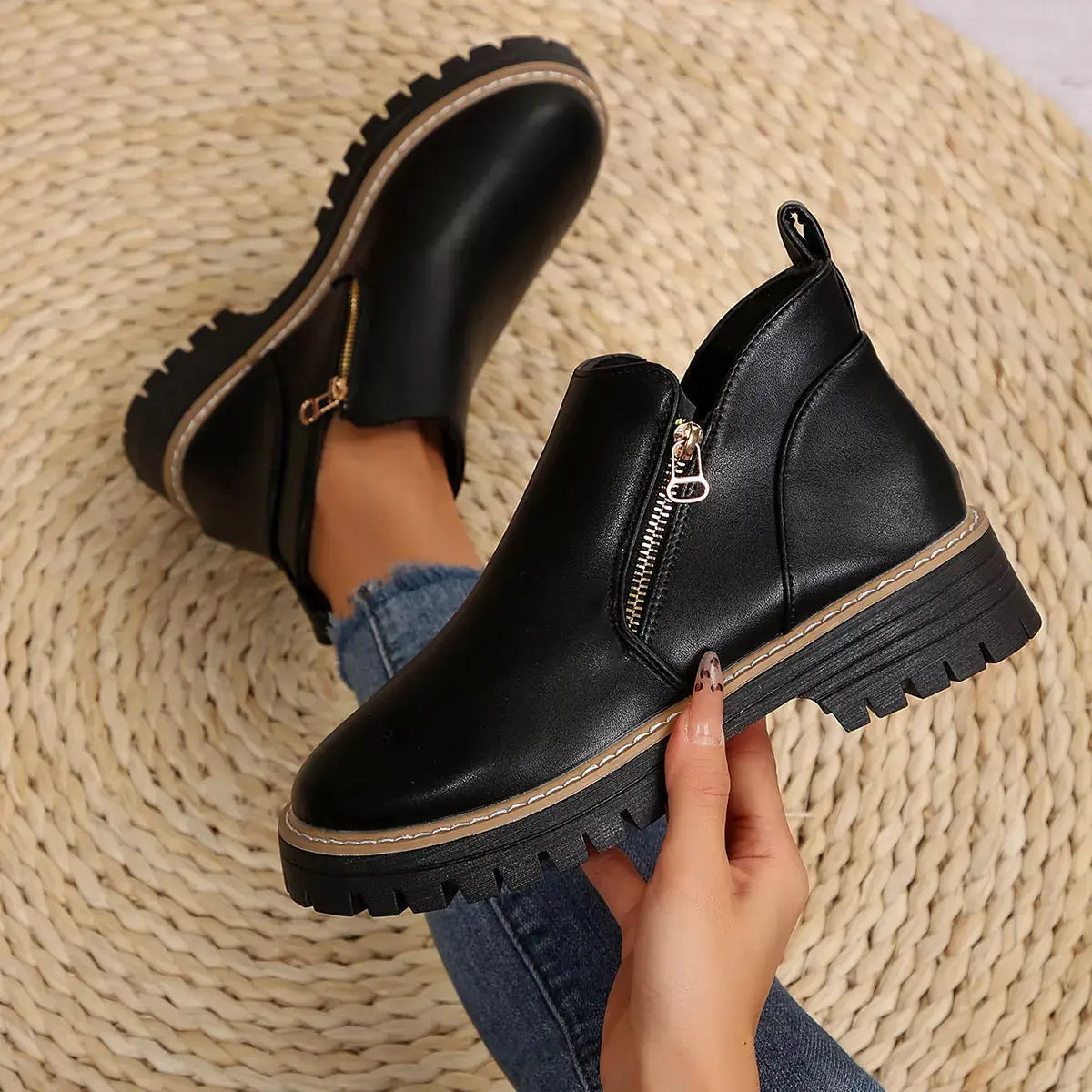 PU Leather Ankle Boots With Zipper Detail And Chunky Sole Simply Love