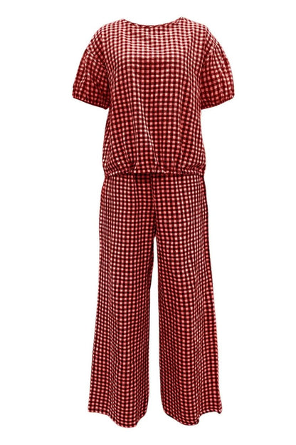 Plaid two-piece half sleeve top and pant ensemble