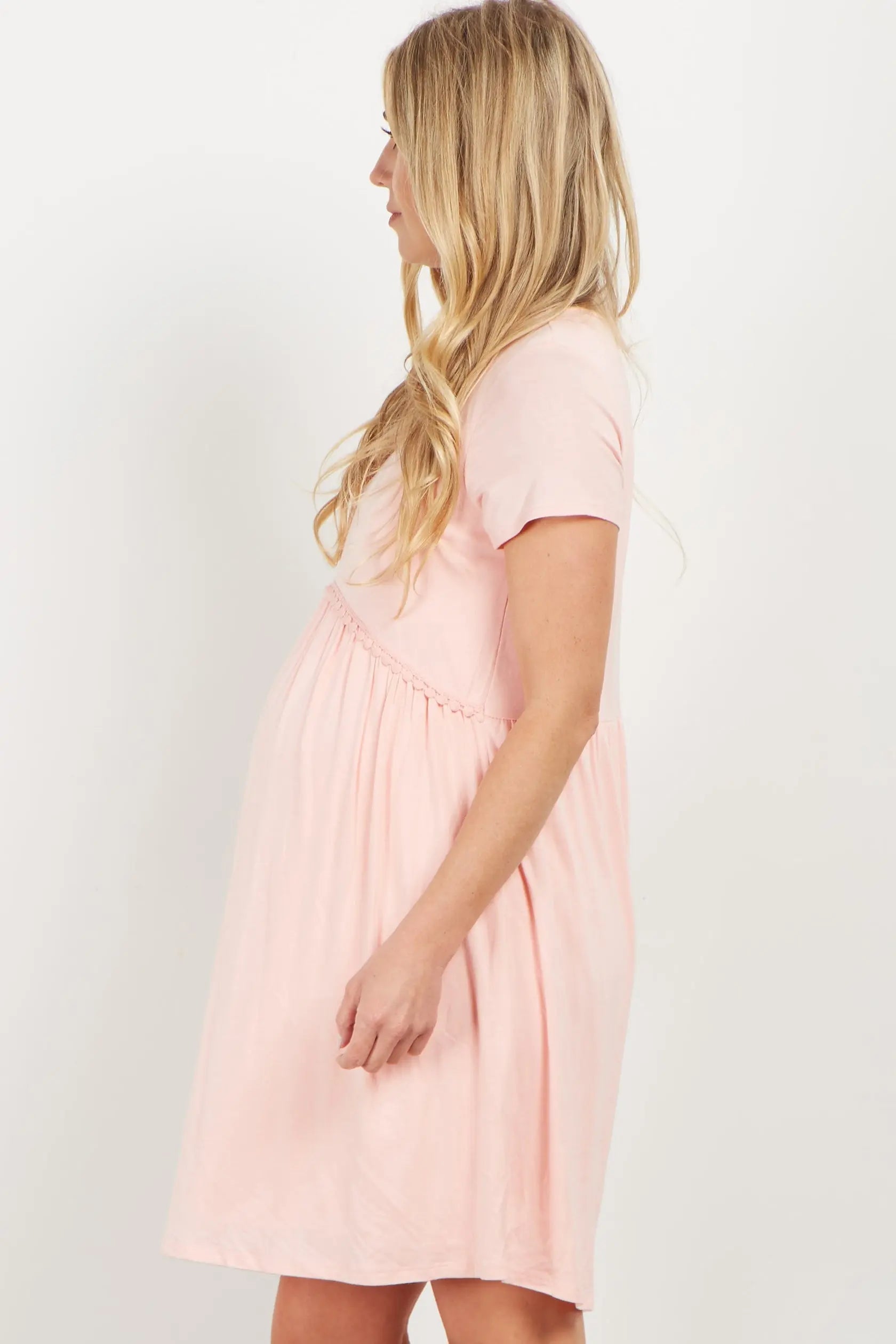 PinkBlush Pink Solid Crochet Trim Maternity Shift Dress PinkBlush