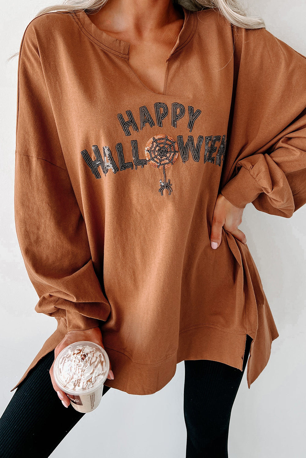 Chic chestnut Halloween top with sequin graphic and long sleeves