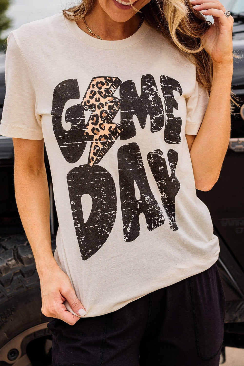 Khaki leopard print game day rugby t-shirt with lightning design