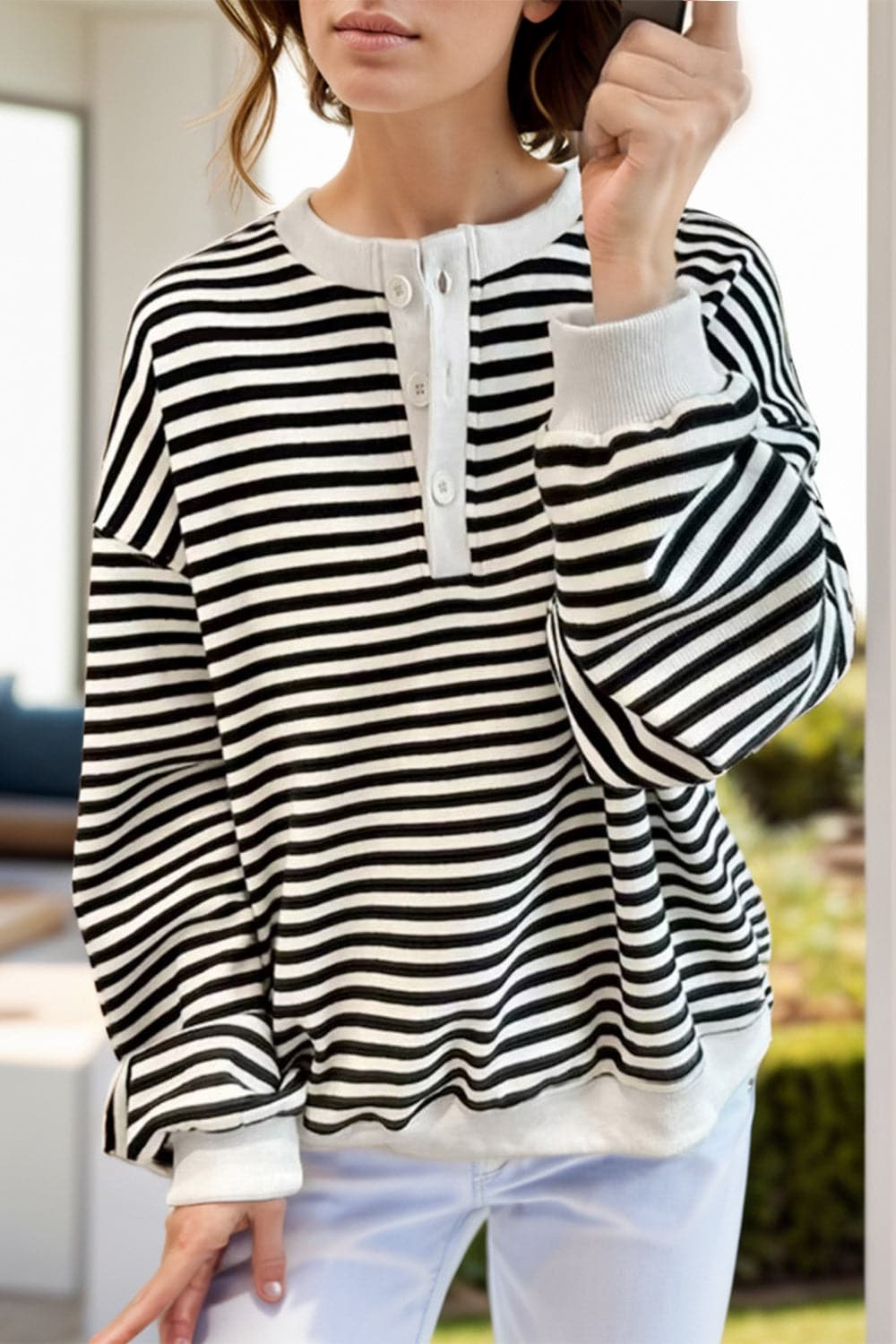 Striped Dropped Shoulder Long Sleeve Sweatshirt.